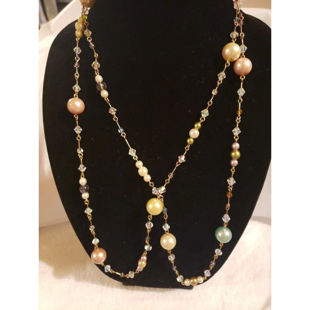 Joan Rivers Signed, Retired Pastel Pearl and Crystal Long Necklace - Picture 3 of 5